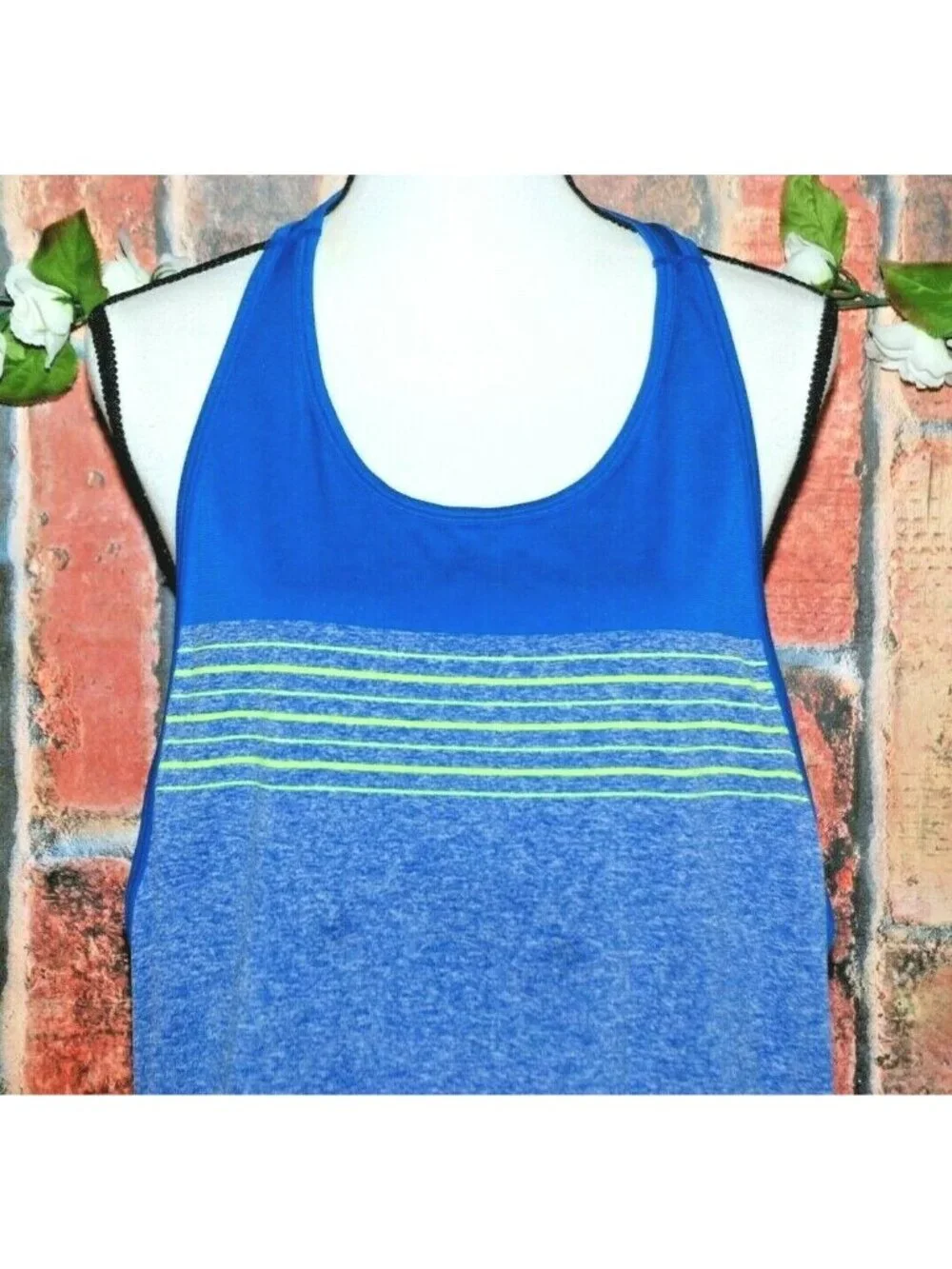 Nike Dri-FIT Womens Large Racerback Tank Top Blue Volt Green Striped Running